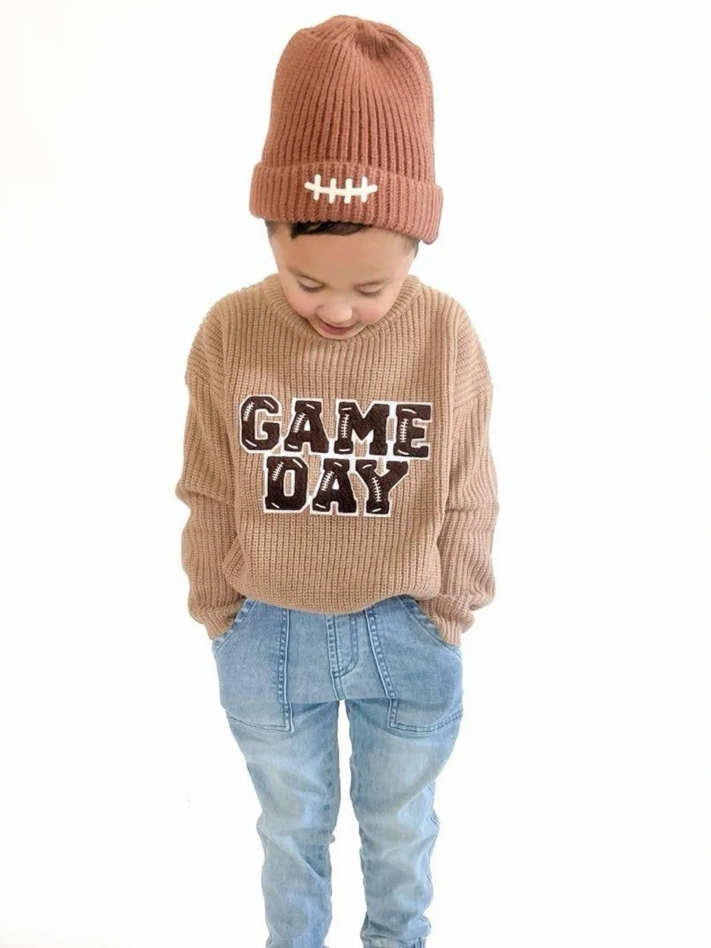 Sweet Wink Kids Brown Knit Lace Patch Football Beanie
